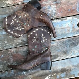 Leather Brown Turquoise Cutout Cowboy Boots 8